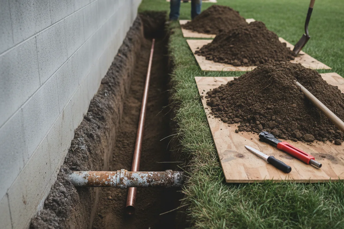 Excavated water line trench during Water Softener Installation in Dale